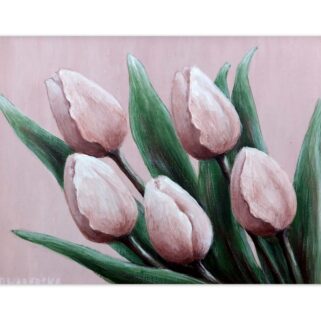 Pięć różowych tulipanów - akryl na płycie HDF - Dorota Waberska